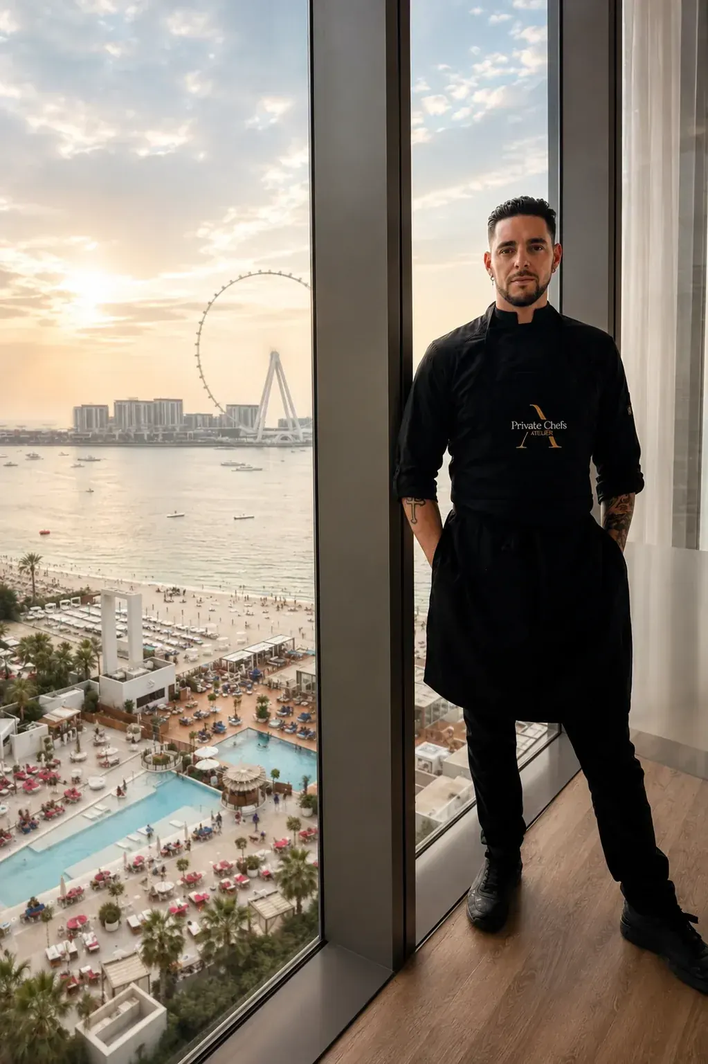 Chef Luca Napoleone in a Private Chefs Atelier apron, beside a window overlooking the Dubai coastline at sunset