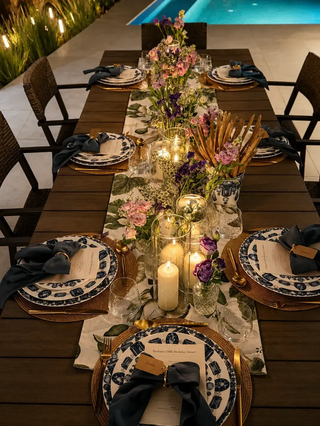 A long poolside table dressed for a birthday dinner with candles, blue patterned plates, printed menus and florals
